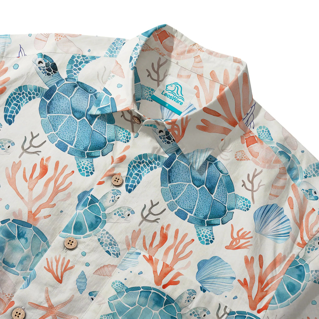 LeosWare® Men's Hawaiian Shirt Short Sleeve Button-up 100% Cotton Blue Aloha Blue Turtle Roaming Coral