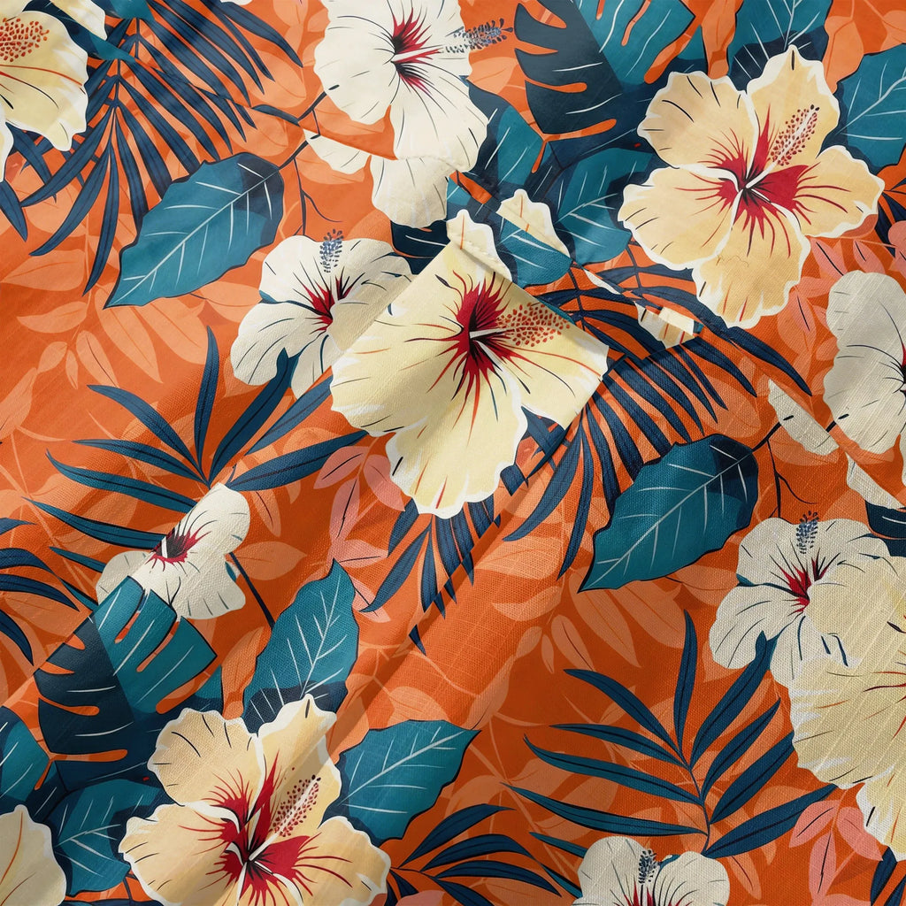 LeosWare® Men's Hawaiian Shirt Short Sleeve Button-up 100% Cotton Orange Aloha Blooming Orange Hibiscus