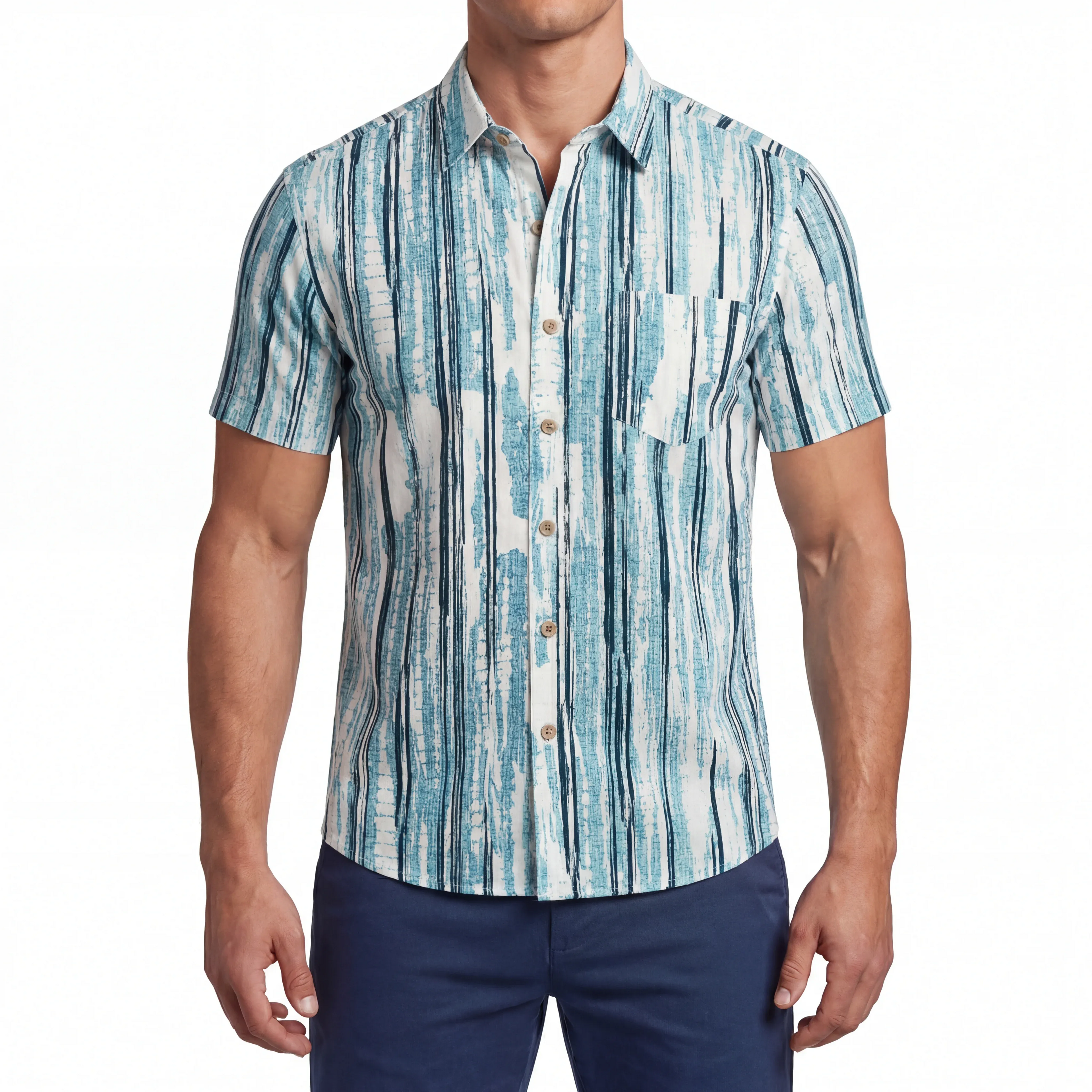 LeosWare® Men's Hawaiian Shirt Short Sleeve Button-up 100% Cotton Blue Aloha Minimalist Blue Veins