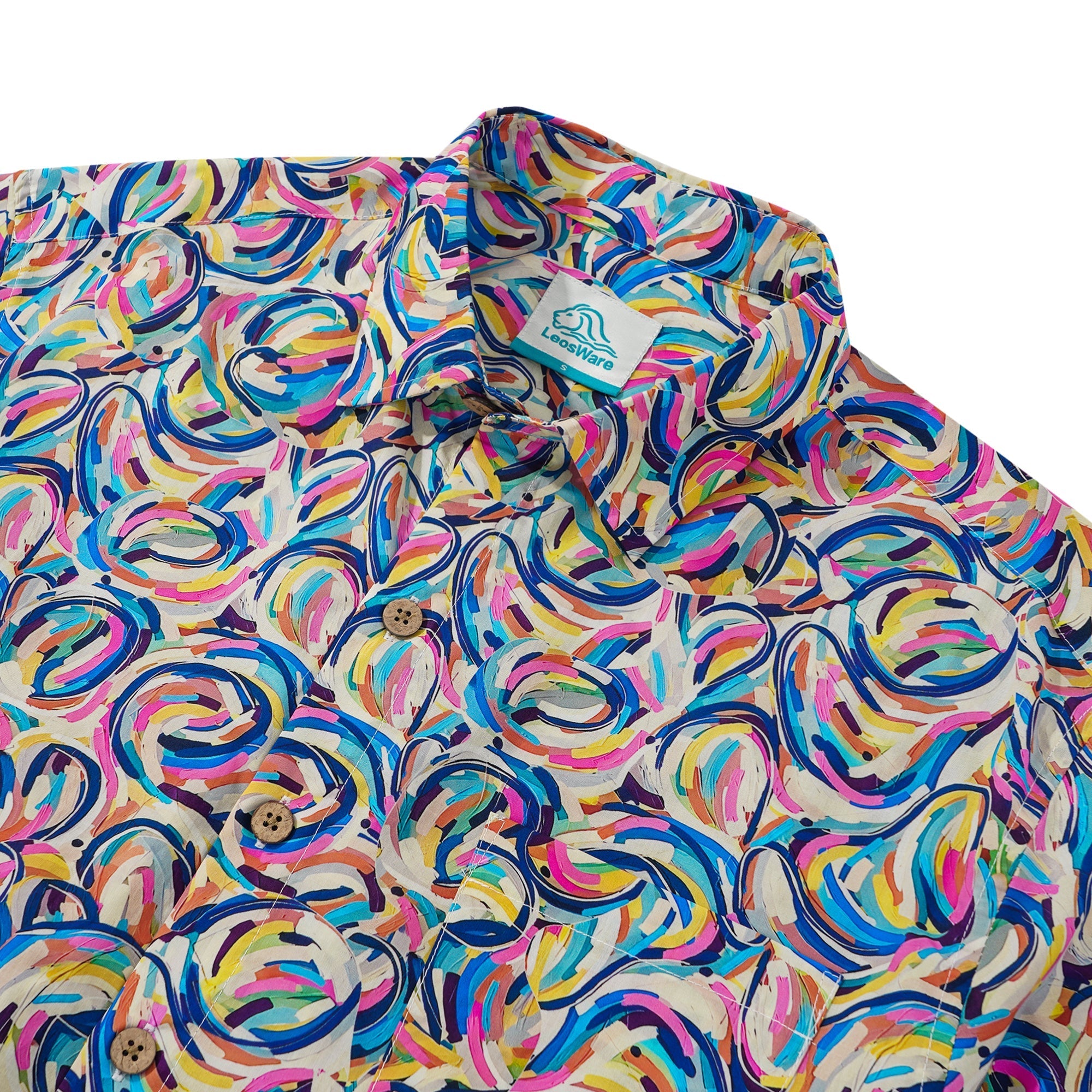 LeosWare® Men's Hawaiian Shirt Short Sleeve Button-up 100% Cotton Aloha Vibrant Abstract Dance Of Curved Lines