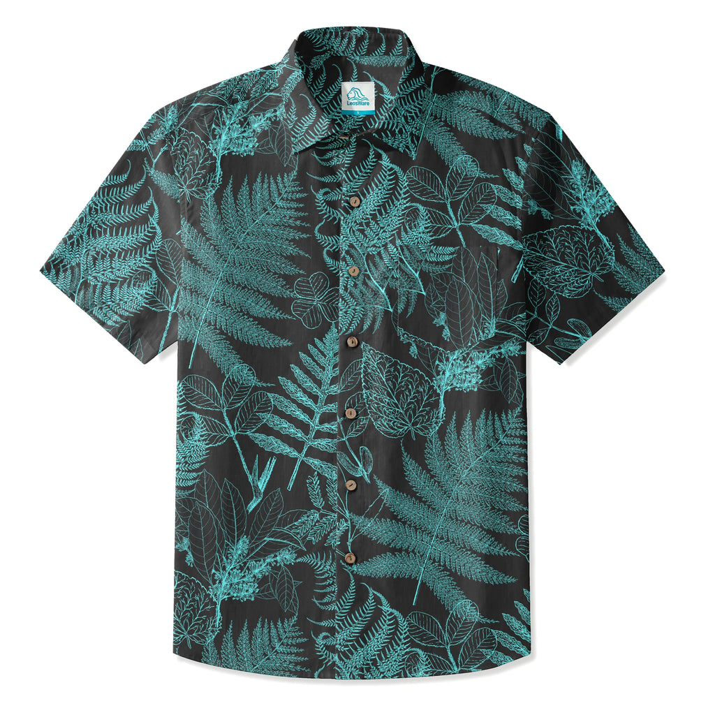 LeosWare® Men's Hawaiian Shirt Short Sleeve Button-up 100% Cotton Blue Aloha Hidden Forest Fern