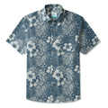 LeosWare® Hibiscus Flower Men's Hawaiian Shirt Short Sleeve Button-up 100% Cotton Blue Aloha Blue Ink Flower Shadows