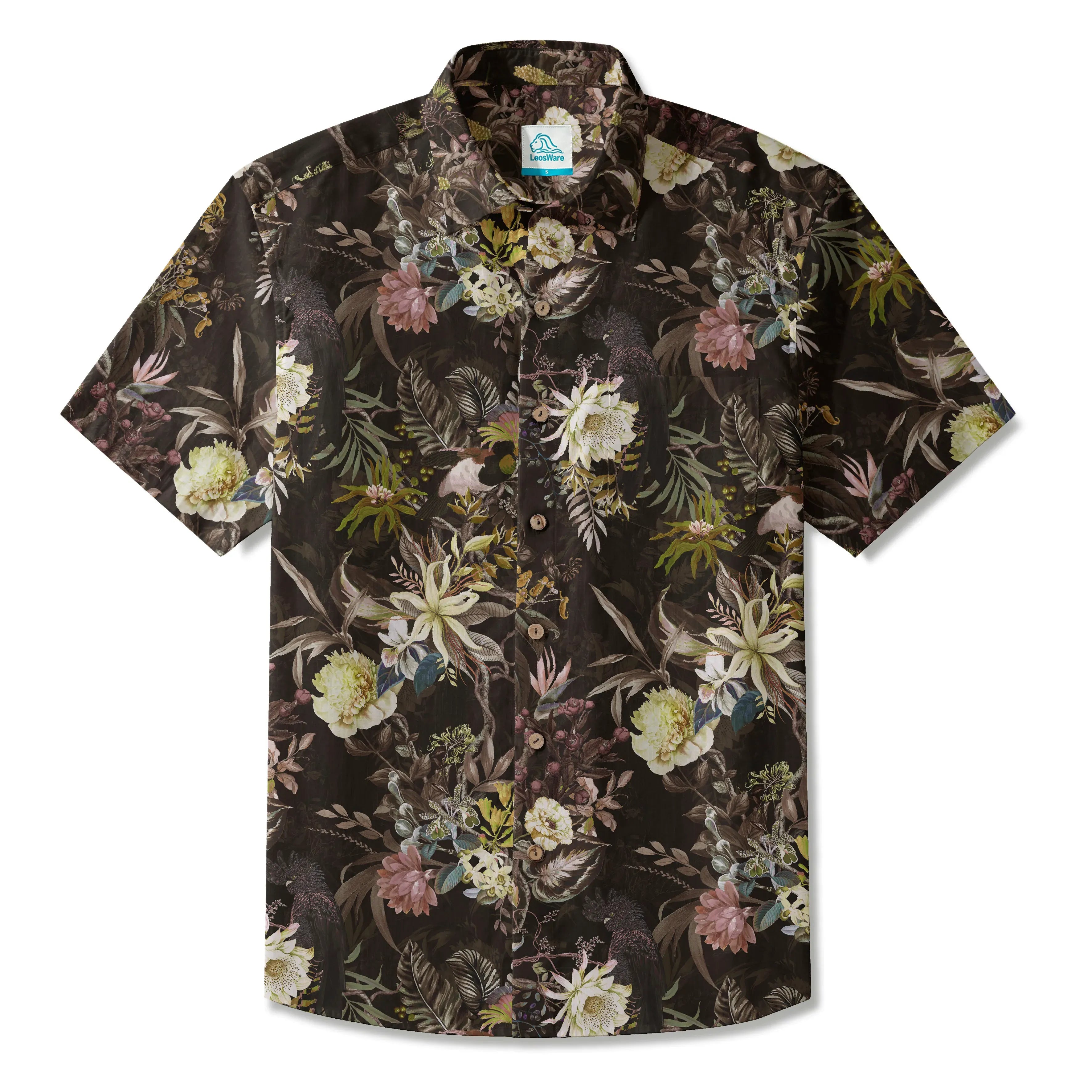 LeosWare® Men's Hawaiian Shirt Short Sleeve Button-up 100% Cotton Black Aloha Dark Night Avian Enclave