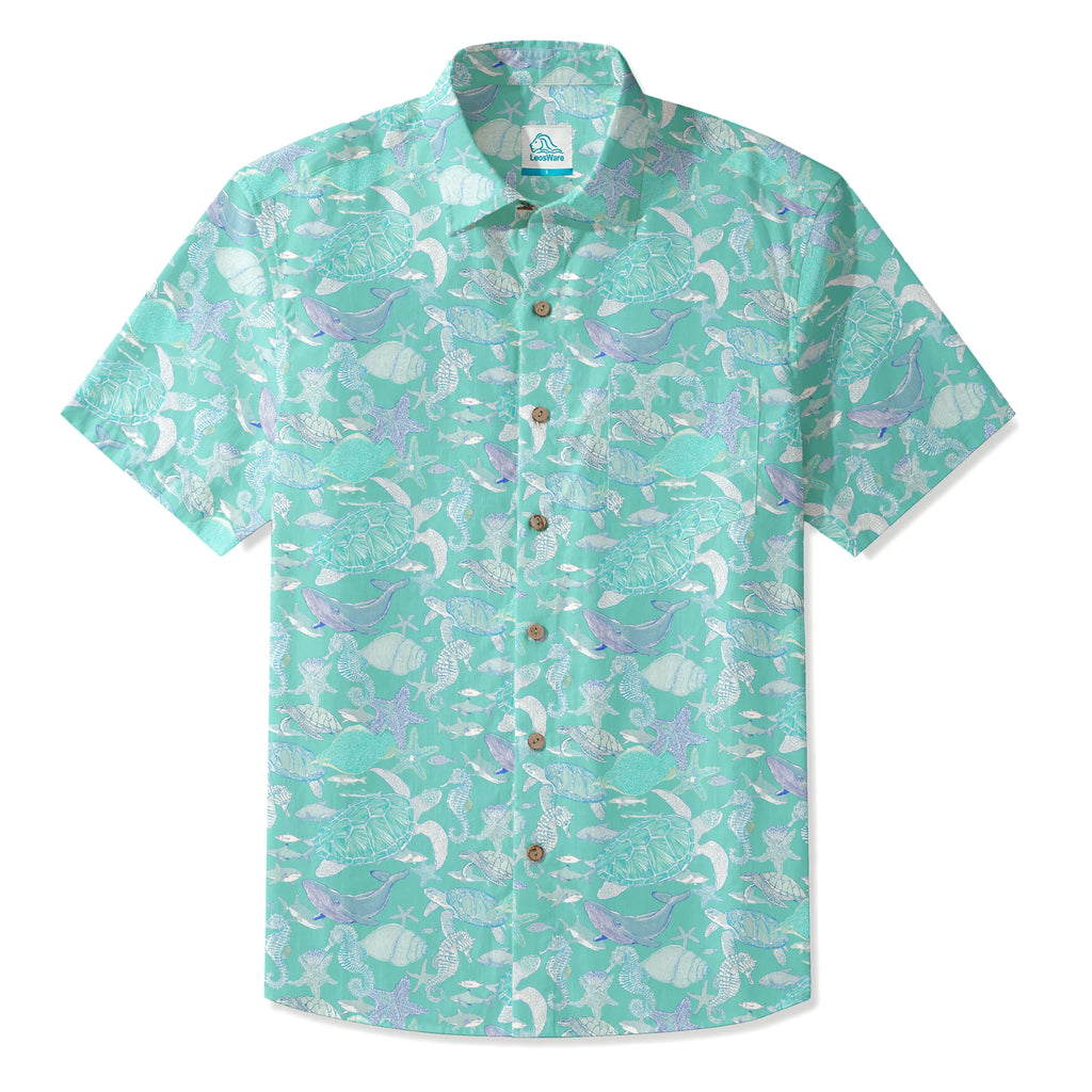LeosWare® Men's Hawaiian Shirt Short Sleeve Button-up 100% Cotton Blue Aloha Azure Islet Sea Turtle