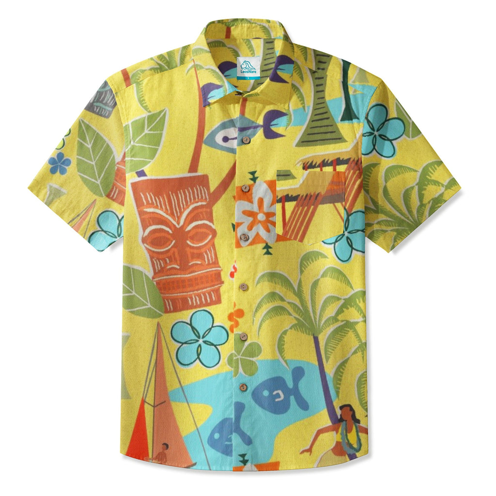 LeosWare® Men's Hawaiian Shirt Short Sleeve Button-up 95% Polyester, 5% Spandex Aloha Tiki Voyage