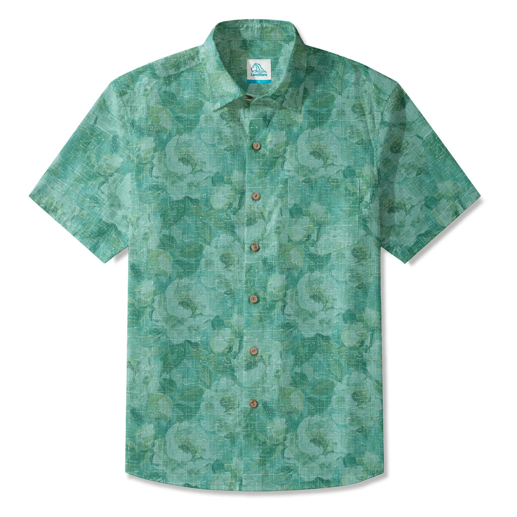LeosWare® Men's Hawaiian Shirt Short Sleeve Button-up 100% Cotton Aloha Blue Mist Flower Silhouette