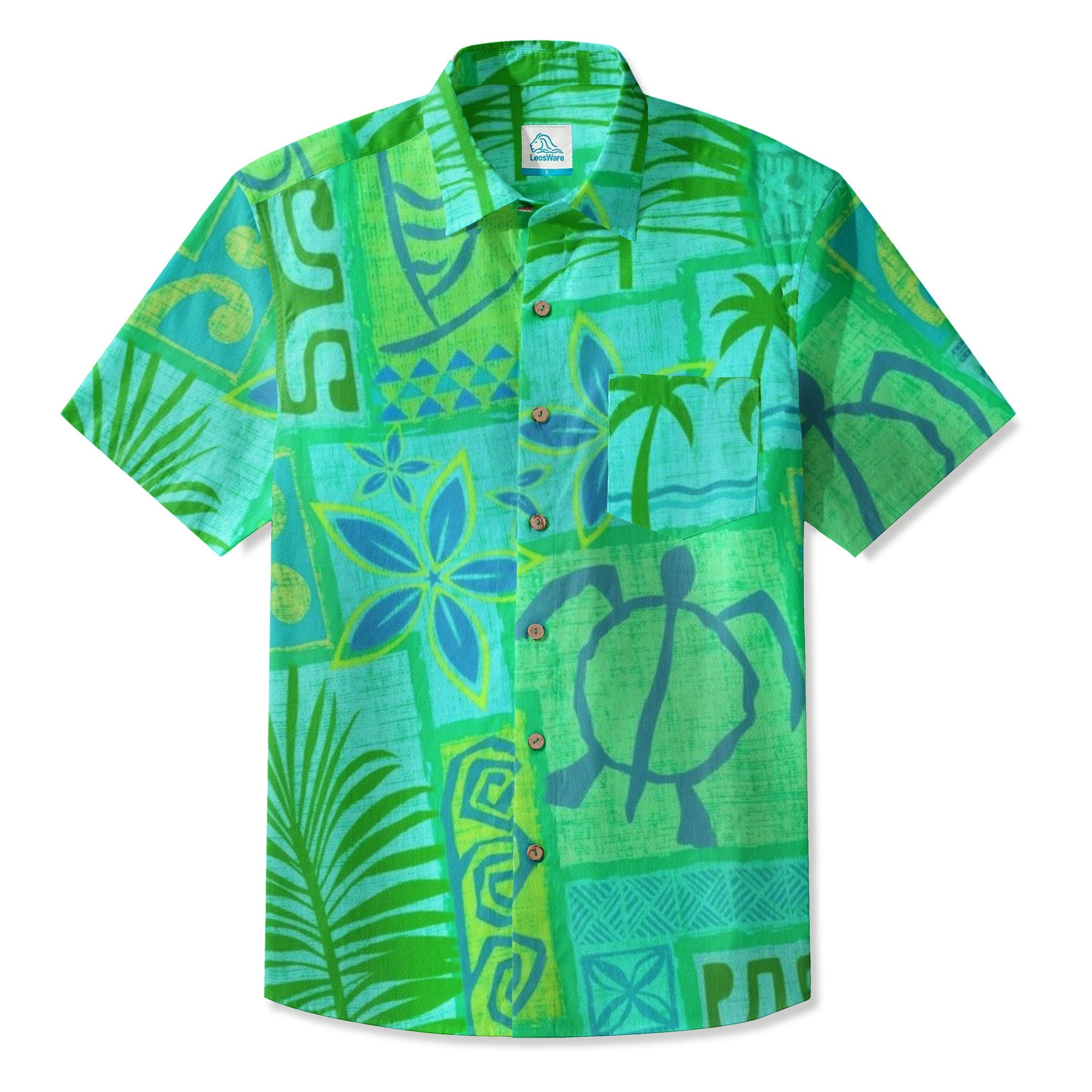 LeosWare® Men's Hawaiian Shirt Short Sleeve Button-up Breathable & Quick-Dry Aloha Tiki Mood(Midnight Blue)