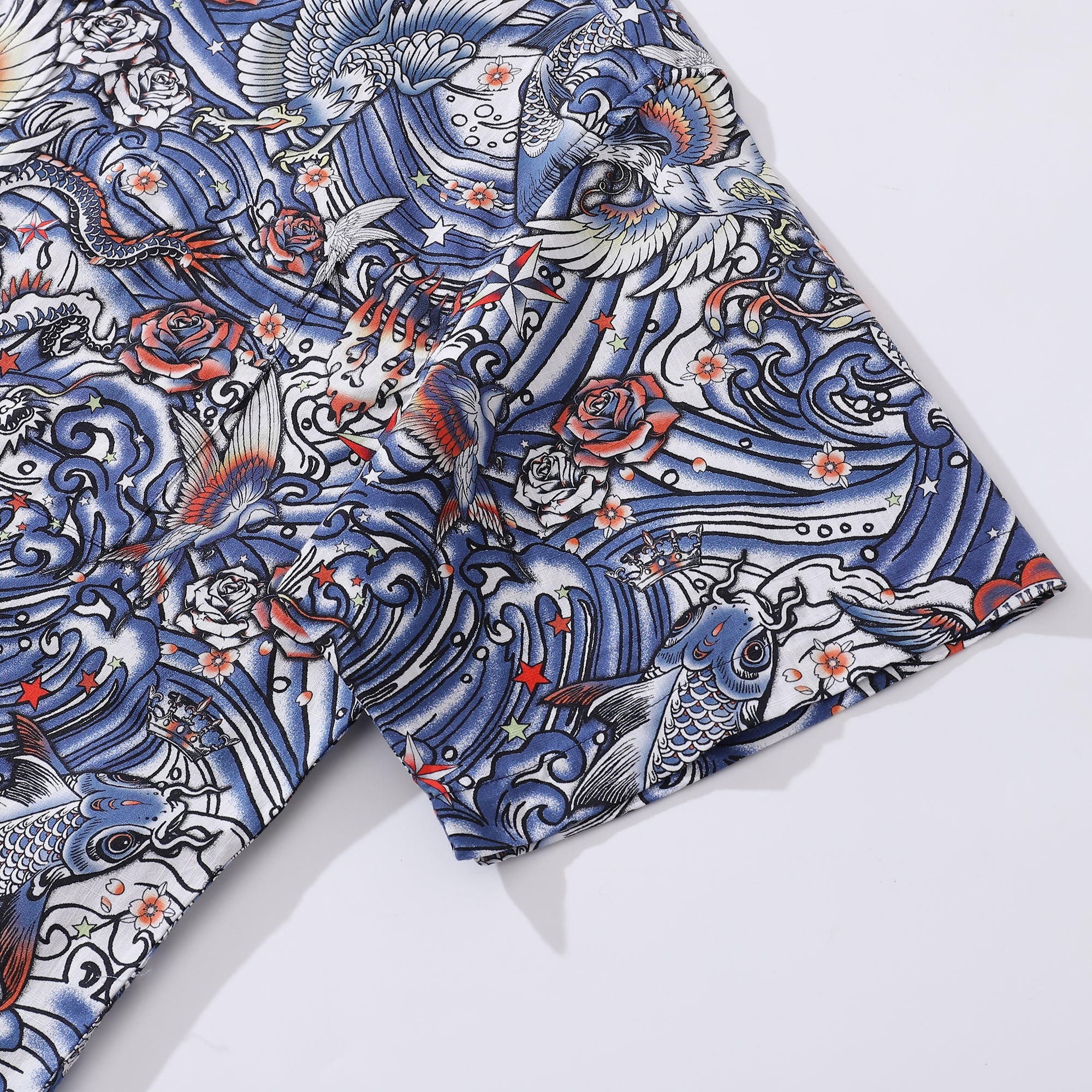 Men's Hawaiian Shirt Zen Waves - Tattoo Harmony Cotton Button-down Short Sleeve Aloha Shirt