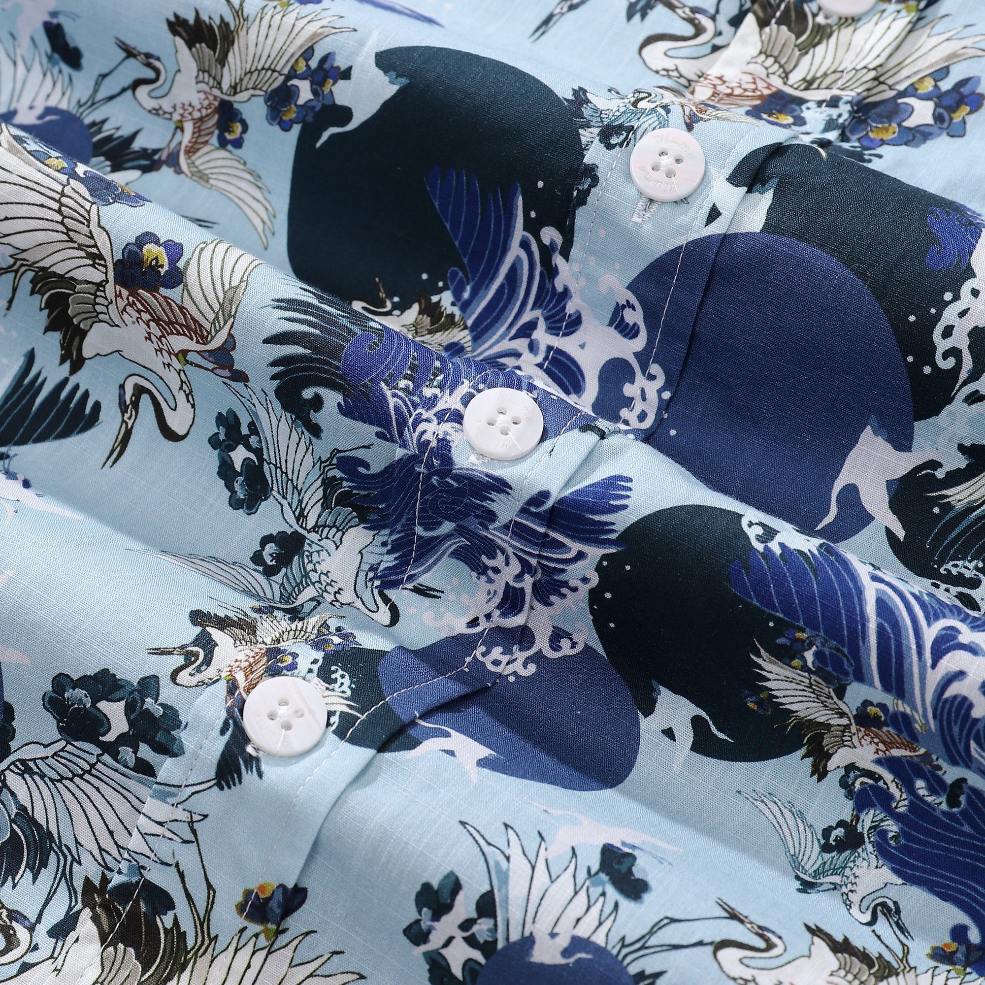 Men's Hawaiian Shirt Crane Waves Dancing Together Print Cotton Button-down Short Sleeve Aloha Shirt