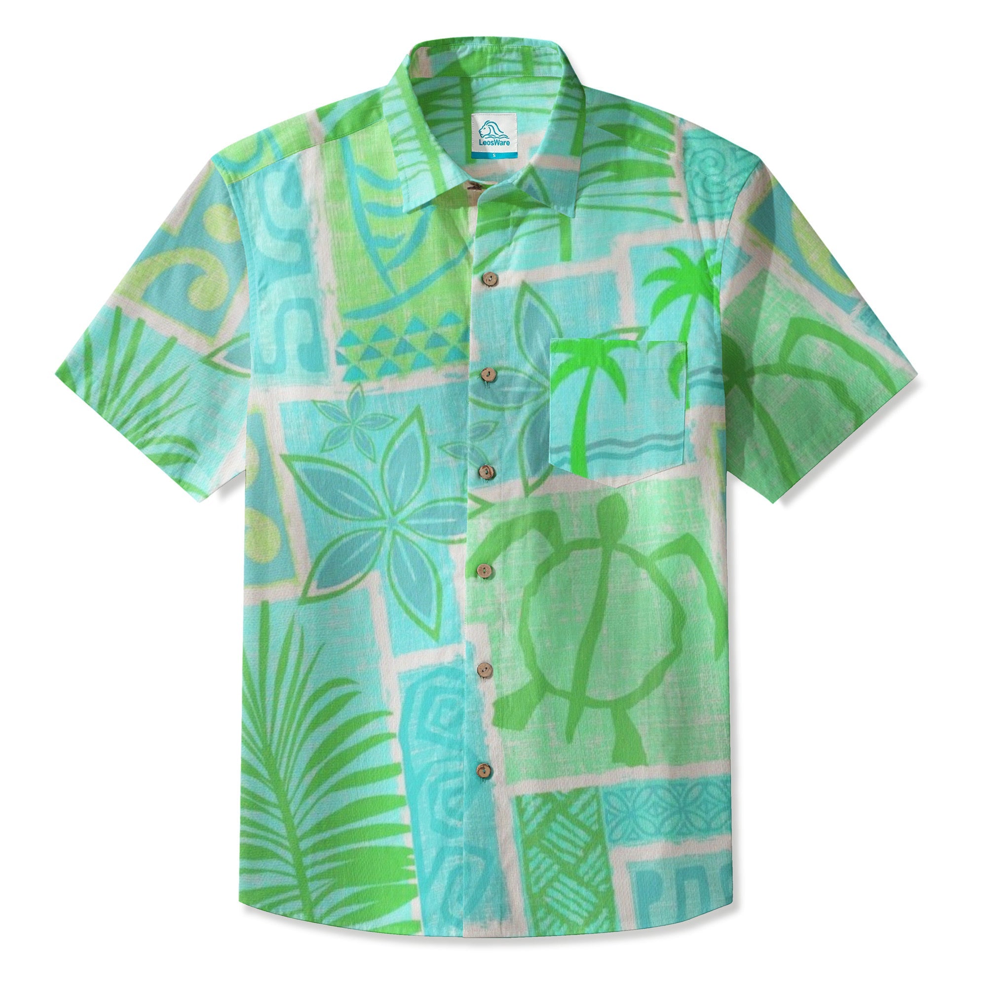 LeosWare® Men's Hawaiian Shirt Short Sleeve Button-up Breathable & Quick-Dr Aloha Tiki Mood(Palm Green)