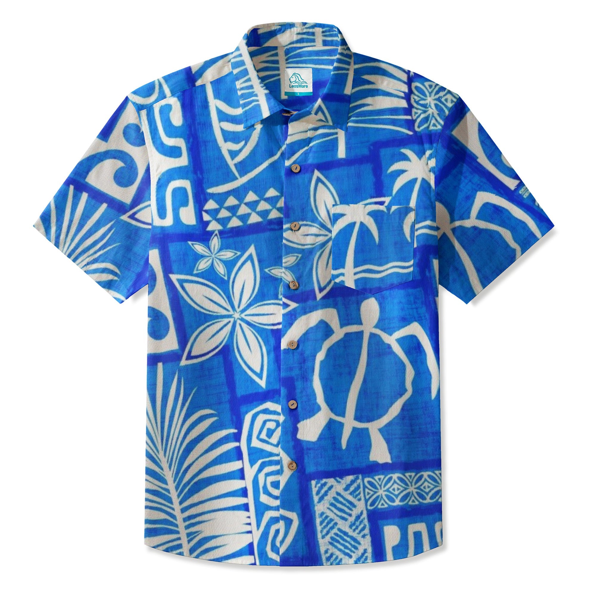 LeosWare® Men's Hawaiian Shirt Short Sleeve Button-up Breathable & Quick-Dry Aloha Tiki Mood(Aqua Green)