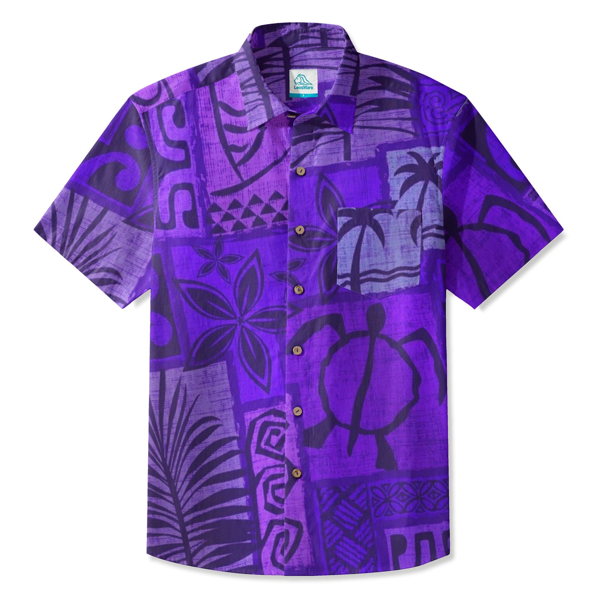 LeosWare® Men's Hawaiian Shirt Short Sleeve Button-up Breathable & Quick-Dry Aloha Tiki Mood(Ocean Blue)
