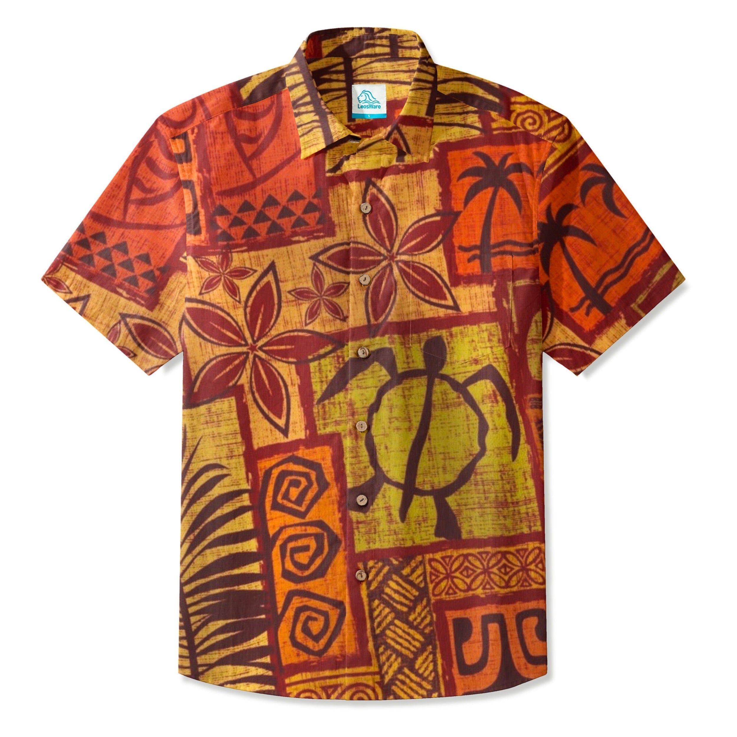 LeosWare® Men's Hawaiian Shirt Short Sleeve Button-up Breathable & Quick-Dr Aloha Tiki Mood(Palm Green)