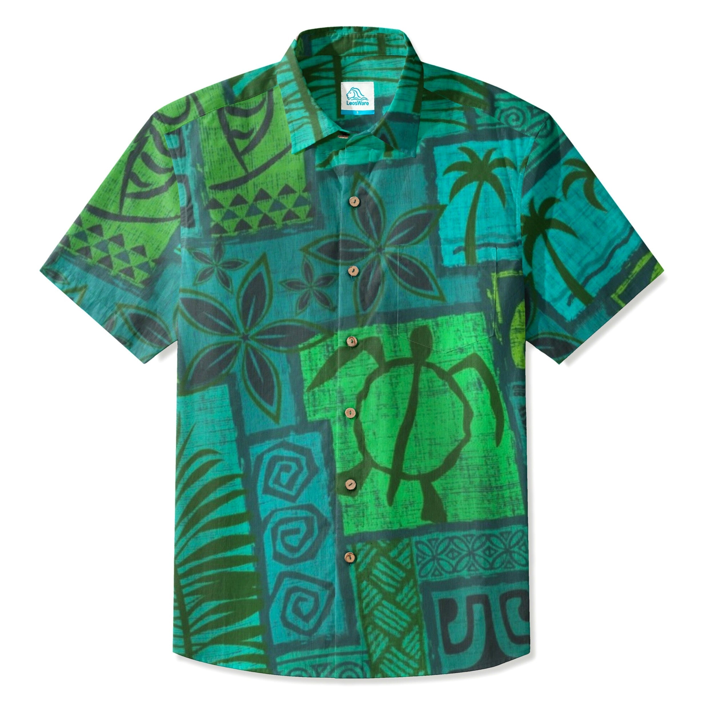 LeosWare® Men's Hawaiian Shirt Short Sleeve Button-up Breathable & Quick-Dry Aloha Tiki Mood(Ocean Blue)