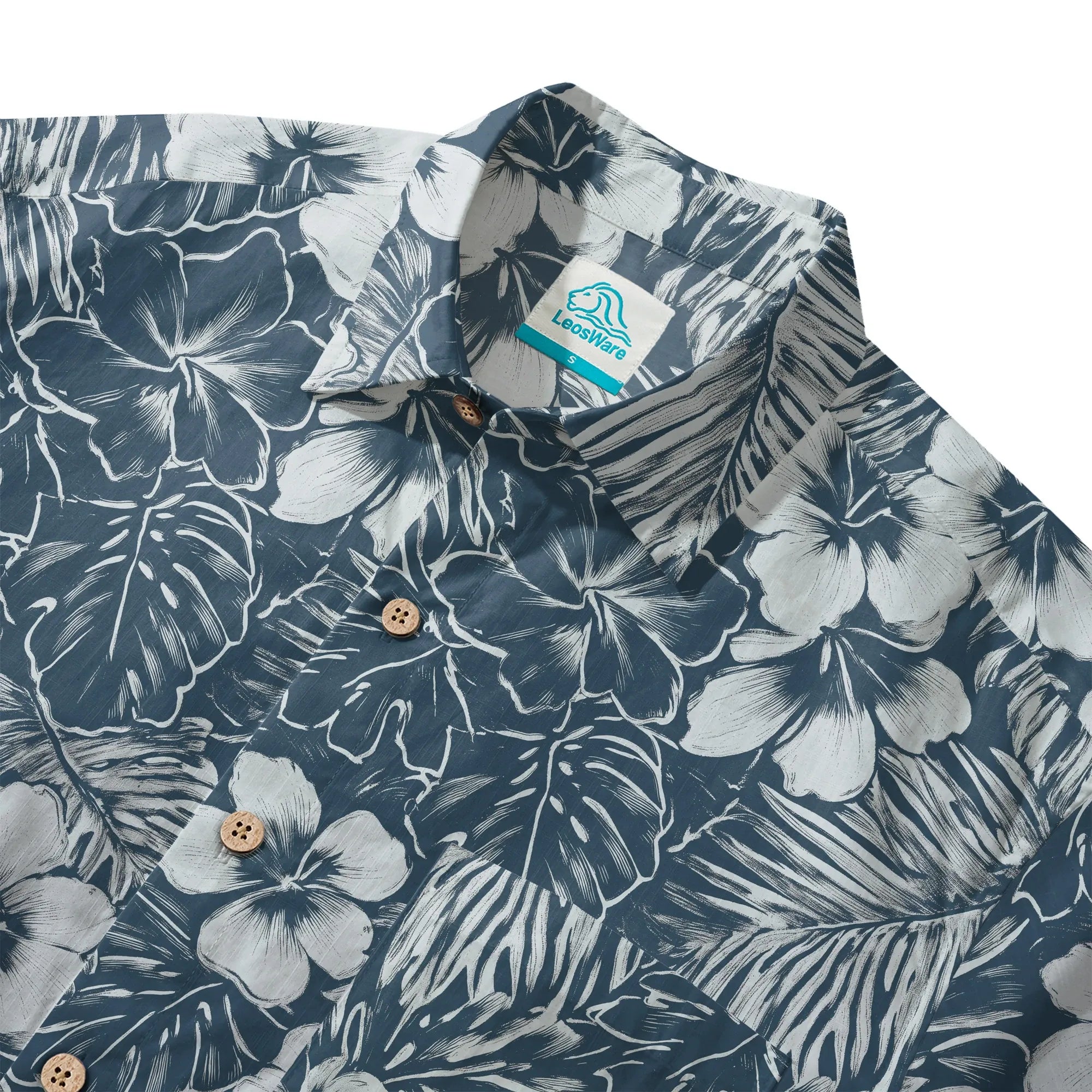 LeosWare® Hibiscus Flower Men's Hawaiian Shirt Short Sleeve Button-up 100% Cotton Blue Aloha Blue Ink Flower Shadows