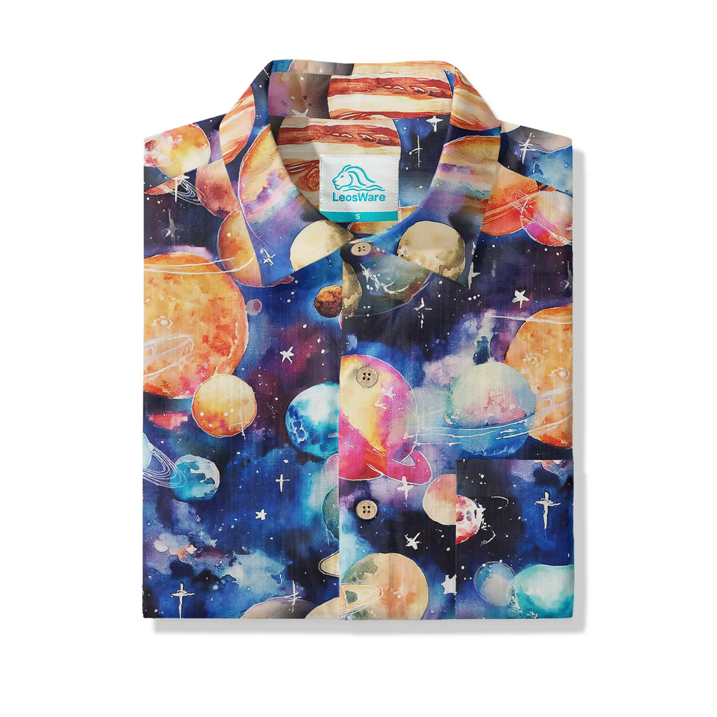LeosWare® Men's Hawaiian Shirt Short Sleeve Button-up 100% Cotton Blue Aloha Watercolor Star Dream