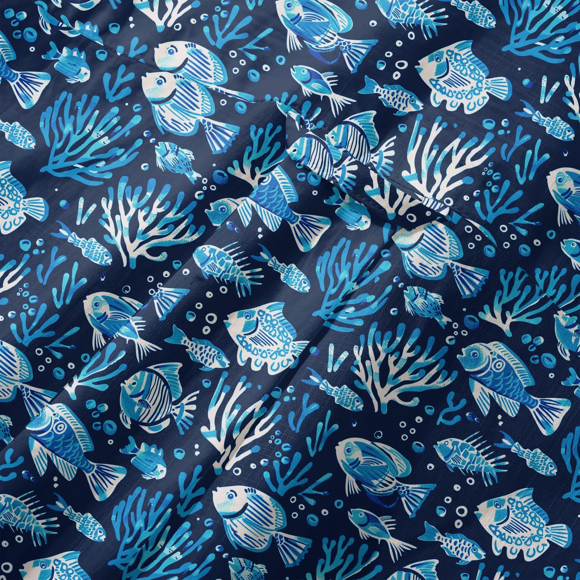 LeosWare® Men's Hawaiian Shirt Short Sleeve Button-up 100% Cotton Blue Coral Aloha Deep Blue Fish Whisper