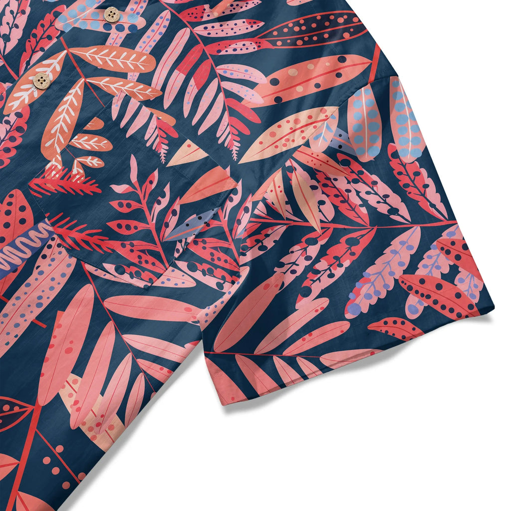 LeosWare® Plant Men's Hawaiian Shirt Short Sleeve Button-up 100% Cotton Red Aloha Crimson Leaf Jungle