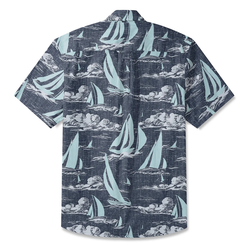 LeosWare® Sailboat Men's Hawaiian Shirt Short Sleeve Button-up 100% Cotton Blue Aloha Sailing To The Horizon