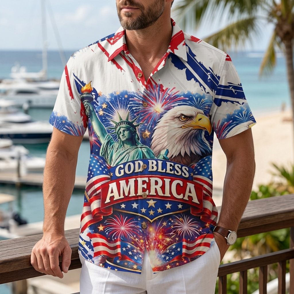 LeosWare® Men's Hawaiian Shirt Short Sleeve Button-up Breathable & Quick-Dry Aloha American Flag Eagle
