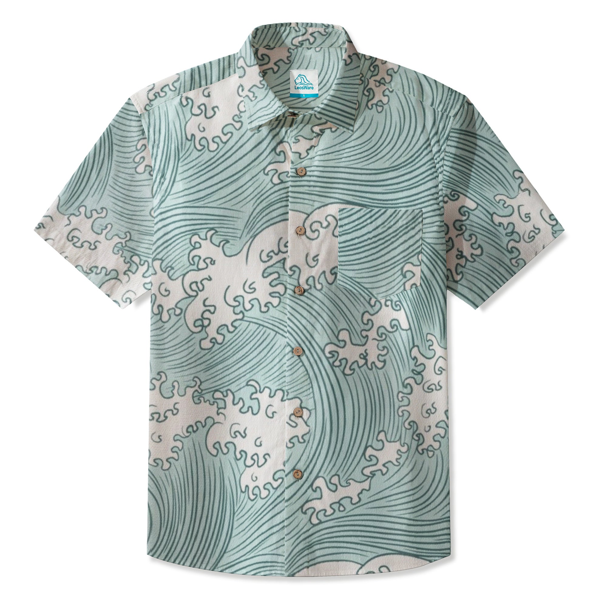 LeosWare® Men's Hawaiian Shirt Short Sleeve Button-up 95% Polyester, 5% Spandex Aloha Wave Of Aqua