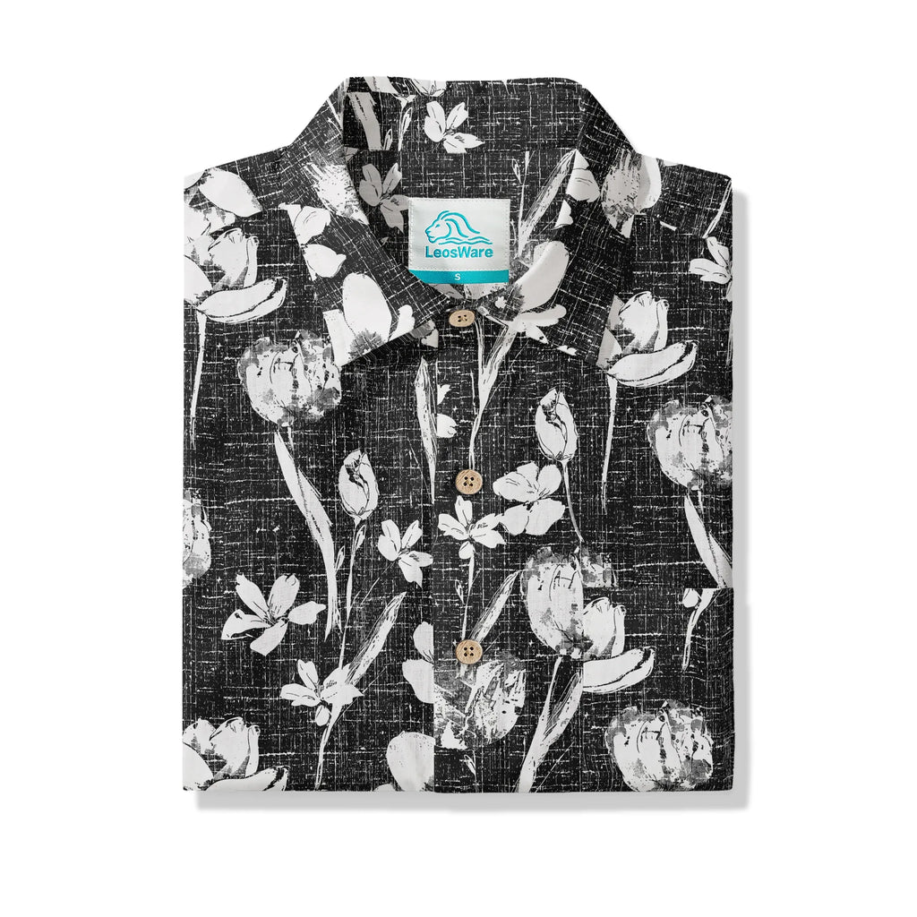 LeosWare® Flower Men's Hawaiian Shirt Short Sleeve Button-up 100% Cotton Black Aloha Ink Strokes And Flower Traces