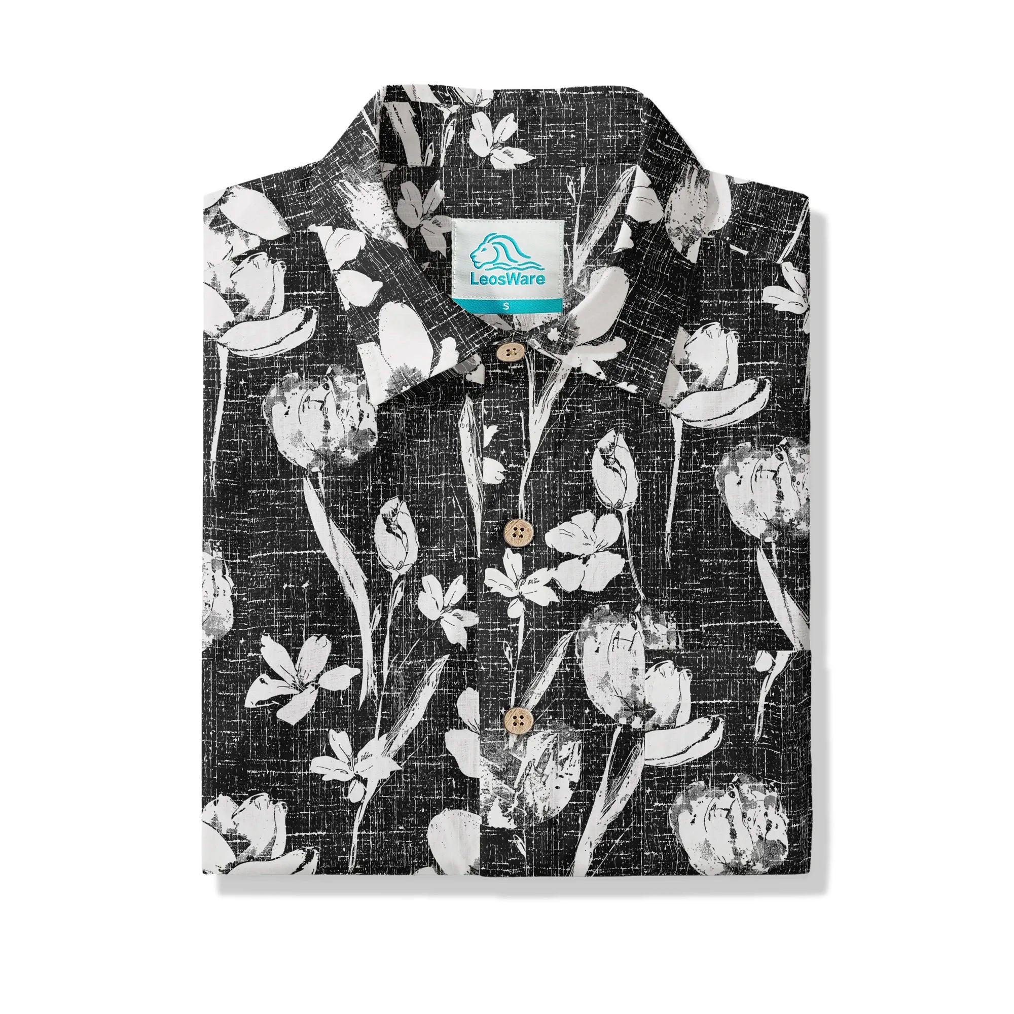 LeosWare® Flower Men's Hawaiian Shirt Short Sleeve Button-up 100% Cotton Black Aloha Ink Strokes And Flower Traces