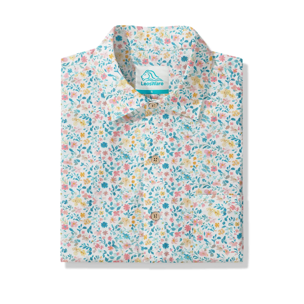 LeosWare® Flower Men's Hawaiian Shirt Short Sleeve Button-up 100% Cotton Beige Aloha Spring Whispers