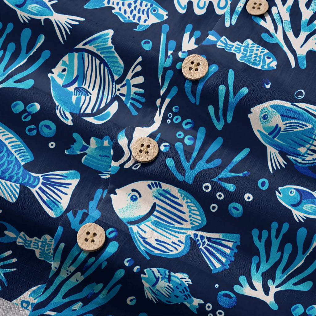 LeosWare® Men's Hawaiian Shirt Short Sleeve Button-up 100% Cotton Blue Coral Aloha Deep Blue Fish Whisper