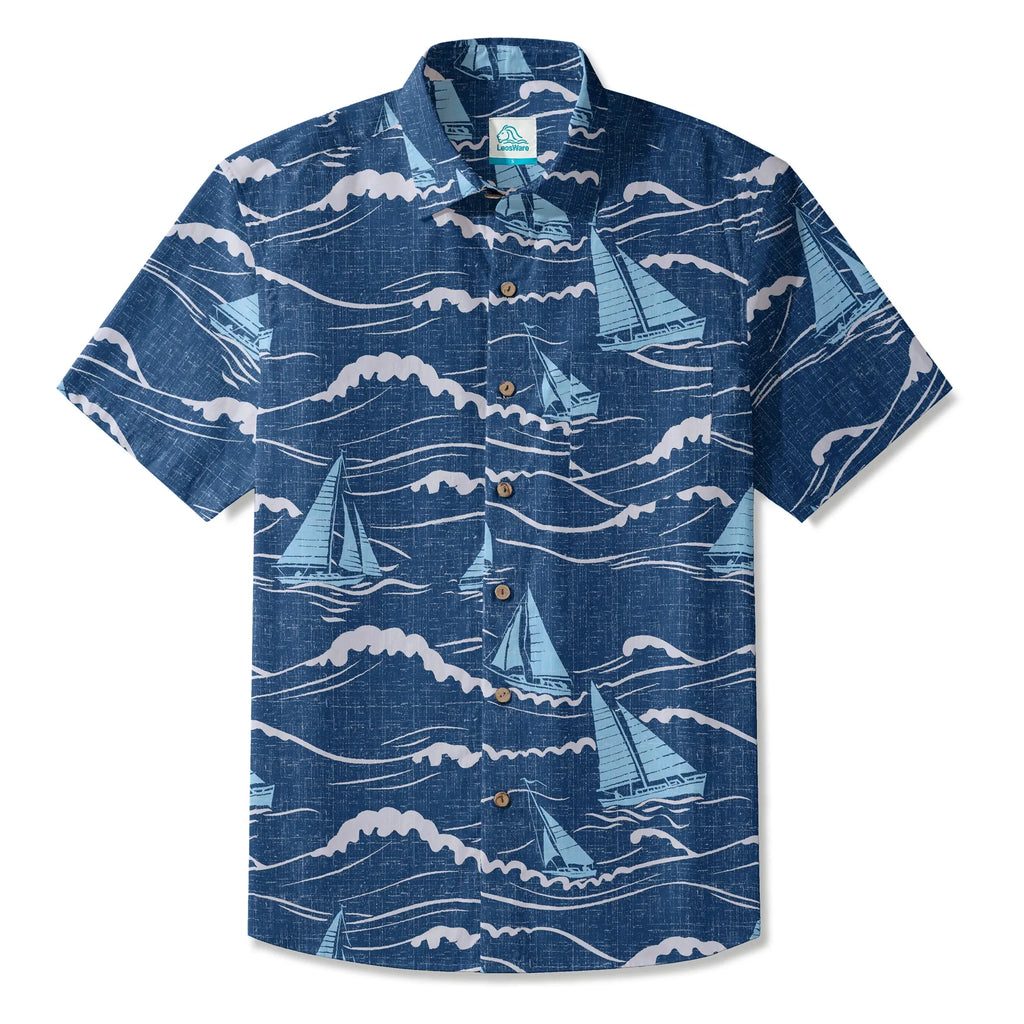 LeosWare® Sailboat Men's Hawaiian Shirt Short Sleeve Button-up 100% Cotton Blue Aloha Blue Sail Adventure