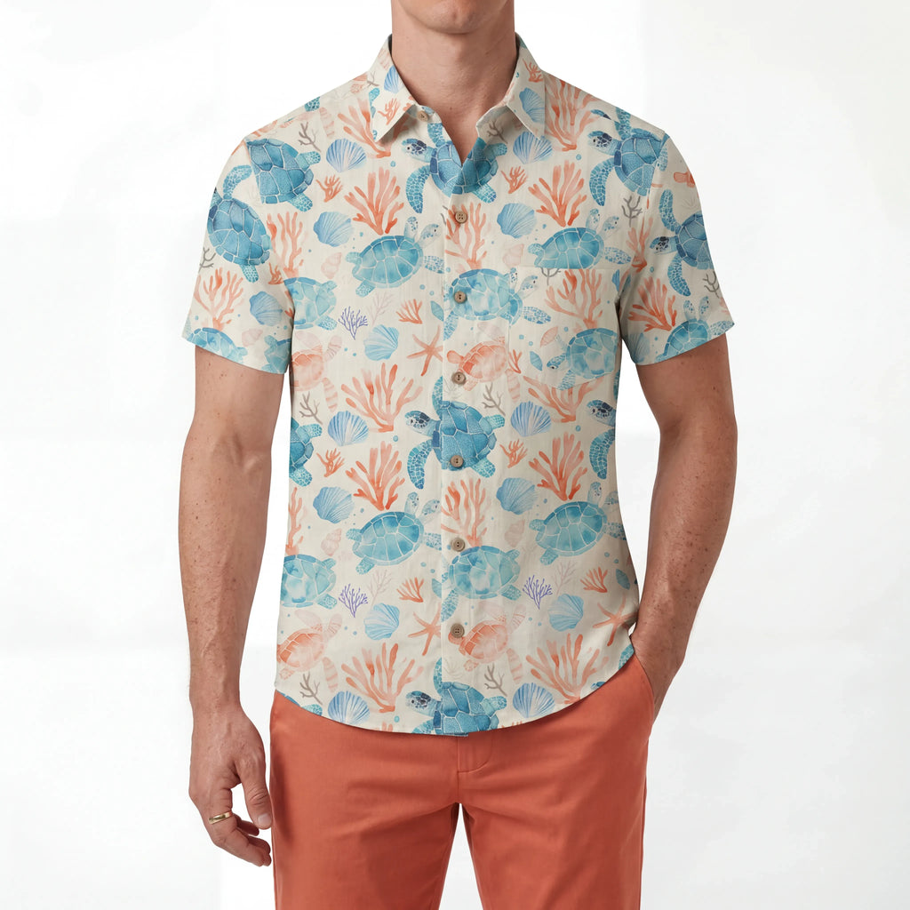 LeosWare® Men's Hawaiian Shirt Short Sleeve Button-up 100% Cotton Blue Aloha Blue Turtle Roaming Coral
