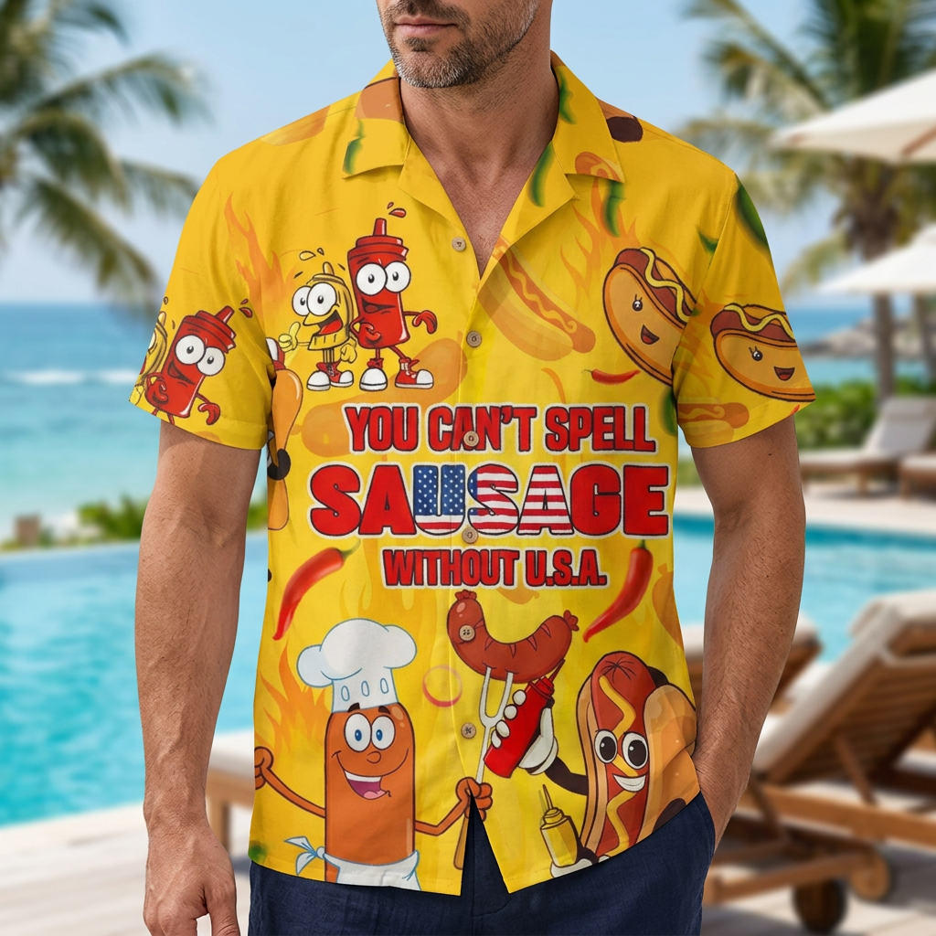 LeosWare® Men's Hawaiian Shirt Short Sleeve Button-up Breathable & Quick-Dry Aloha Sausage Savvy