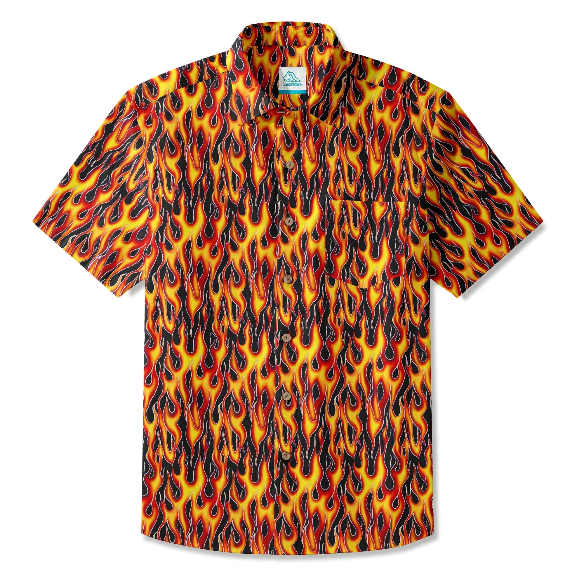 LeosWare® Flames Men's Hawaiian Shirt Short Sleeve Button-up 100% Cotton Yellow Aloha Flame Surge