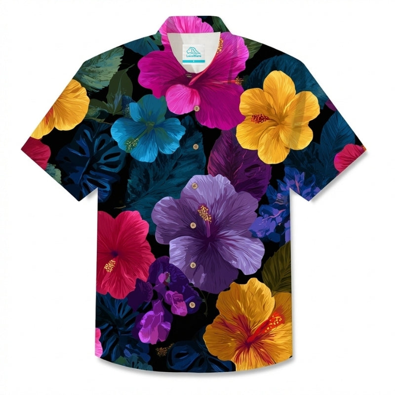 LeosWare® Men's Hawaiian Shirt Short Sleeve Button-up Breathable & Quick-Dry Aloha Hibiscus Oasis