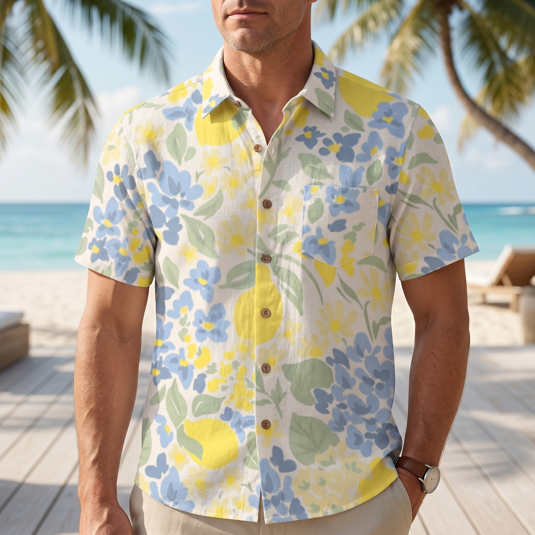 LeosWare® Men's Hawaiian Shirt Short Sleeve Button-up 95% Polyester, 5% Spandex Aloha Zesty Lemonveil