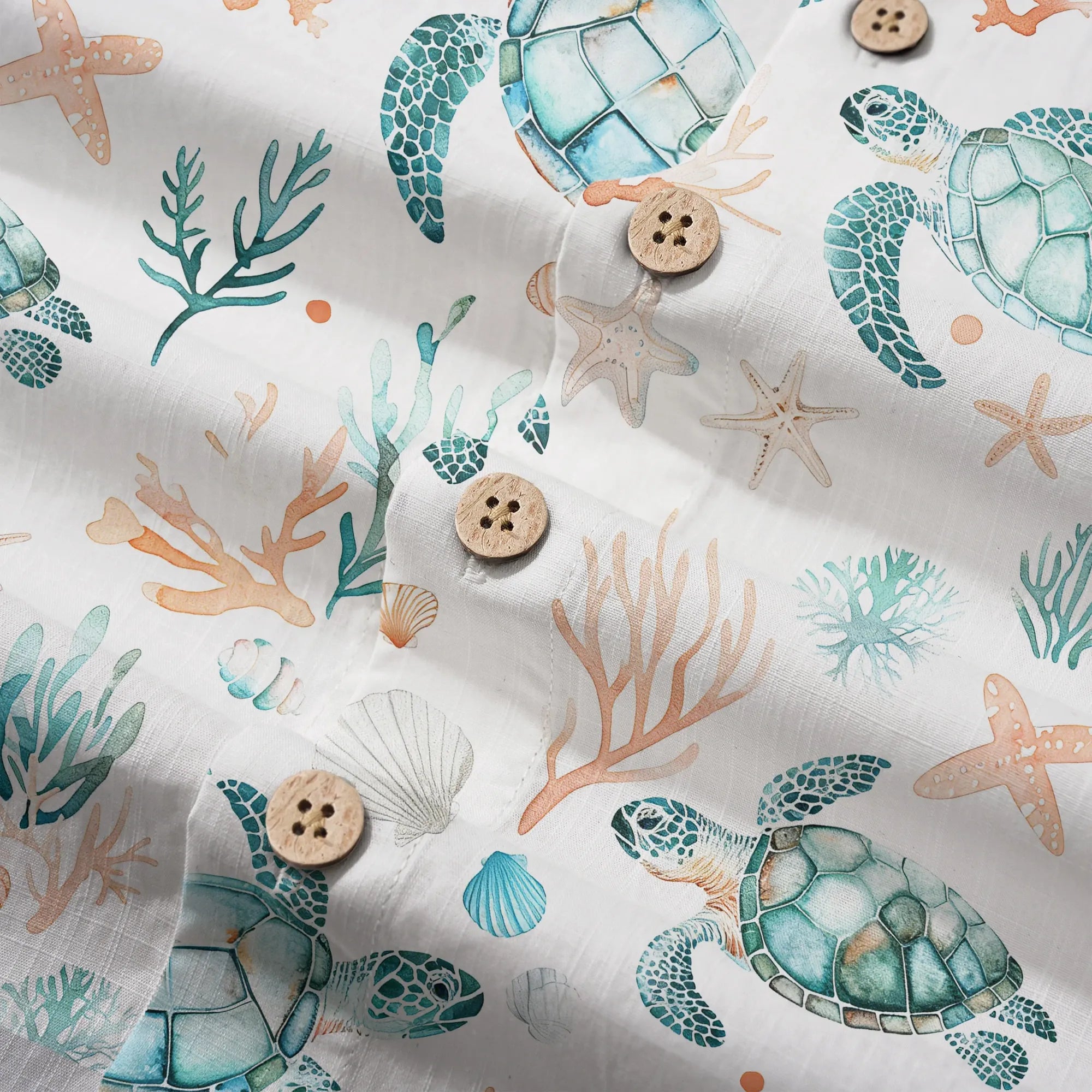 LeosWare® Men's Hawaiian Shirt Short Sleeve Button-up 100% Cotton Blue Aloha Coral Wonderland Of The Sea Turtle
