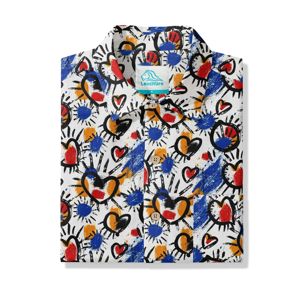 LeosWare® Men's Hawaiian Shirt Short Sleeve Button-up 100% Cotton White Aloha Color Clash Heart Mango