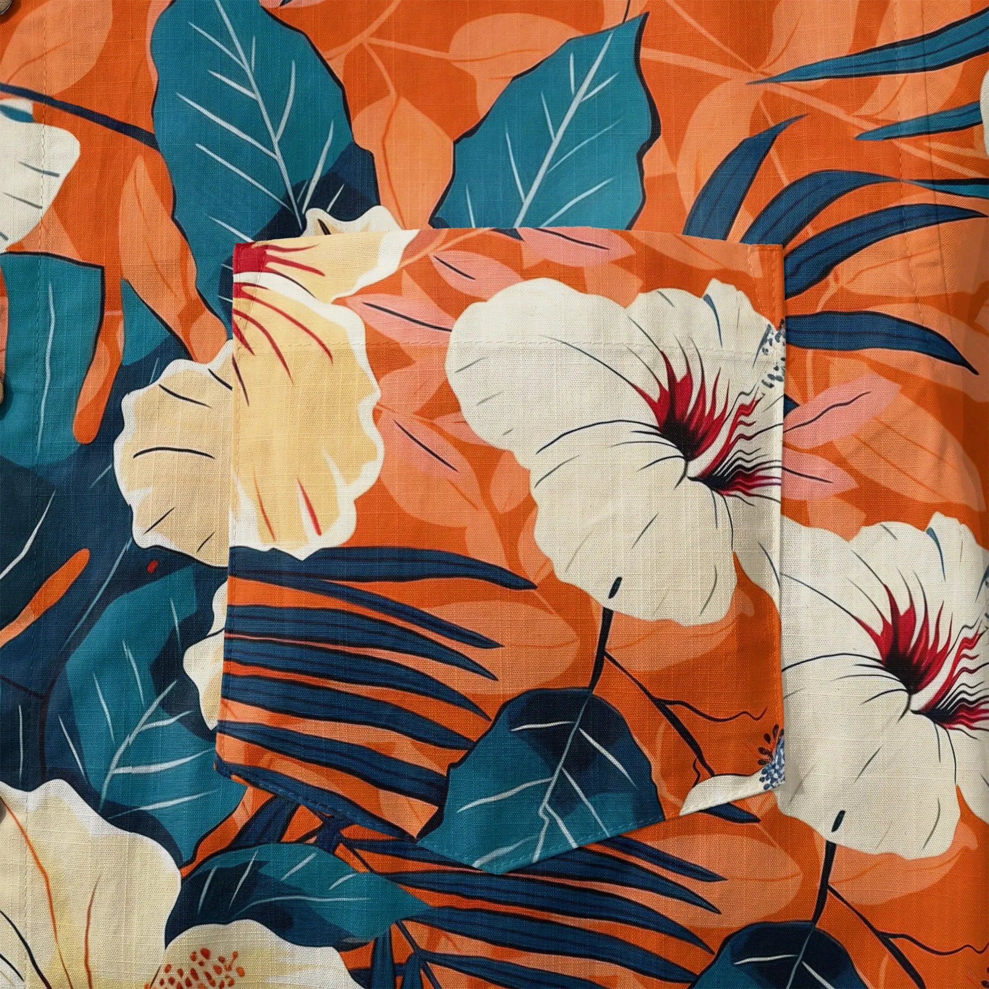 LeosWare® Men's Hawaiian Shirt Short Sleeve Button-up 100% Cotton Orange Aloha Blooming Orange Hibiscus