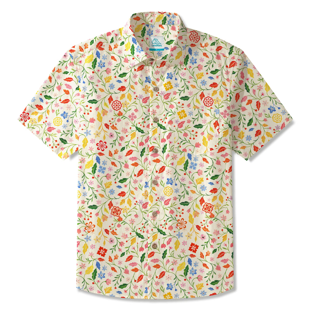 LeosWare® Men's Hawaiian Shirt Short Sleeve Button-up 100% Cotton Yellow Aloha Dream Of Fairy Blossoms