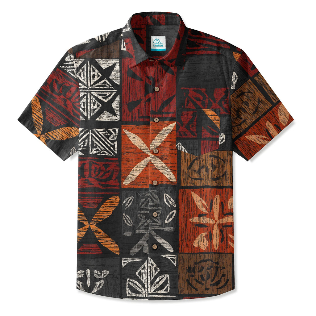 LeosWare® Men's Hawaiian Shirt Short Sleeve Button-up 95% Polyester, 5% Spandex Aloha Ember Blocks