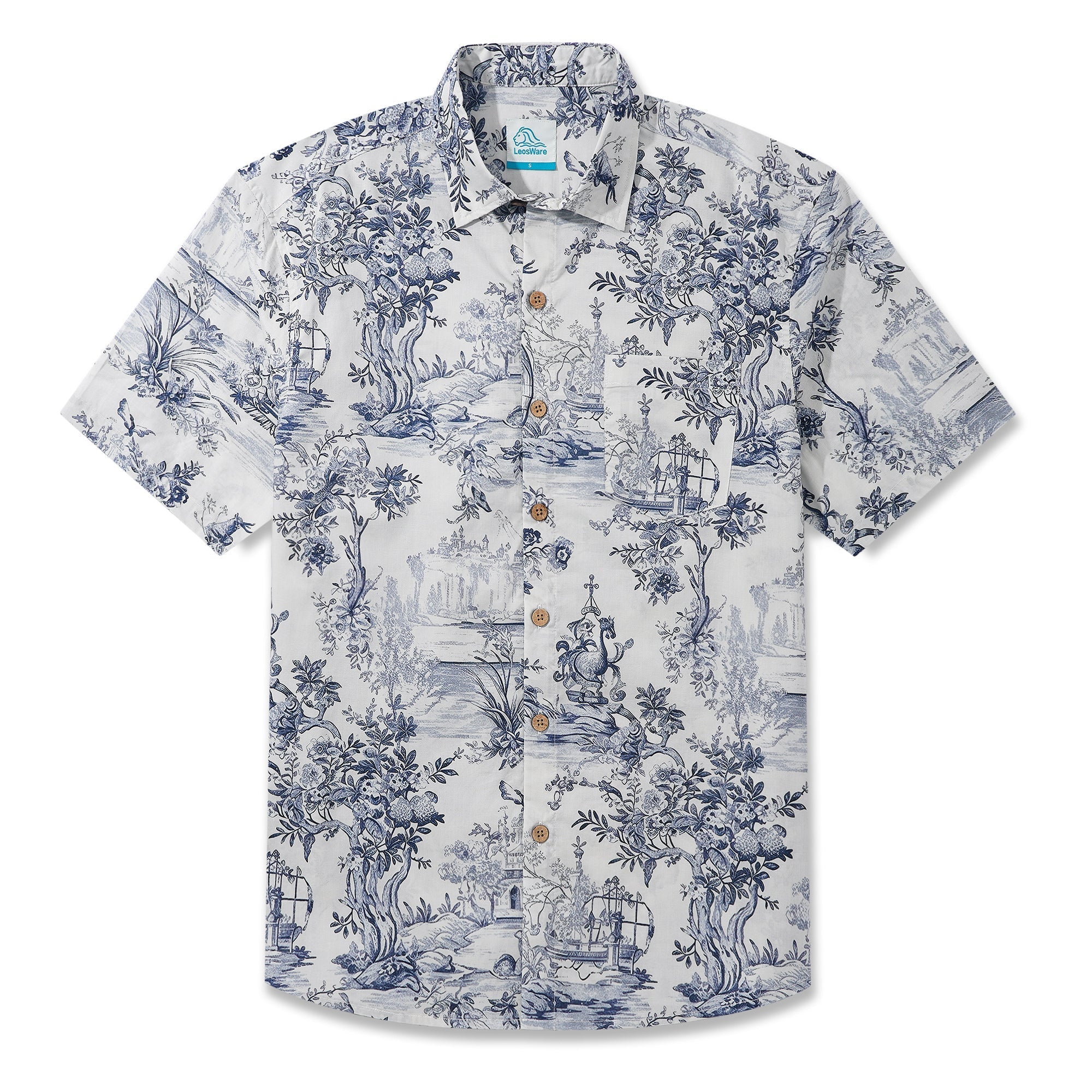 LeosWare® Men's Hawaiian Shirt Short Sleeve Button-up 100% Cotton Beige Aloha Vintage Hand-drawn Exotic Landscapes