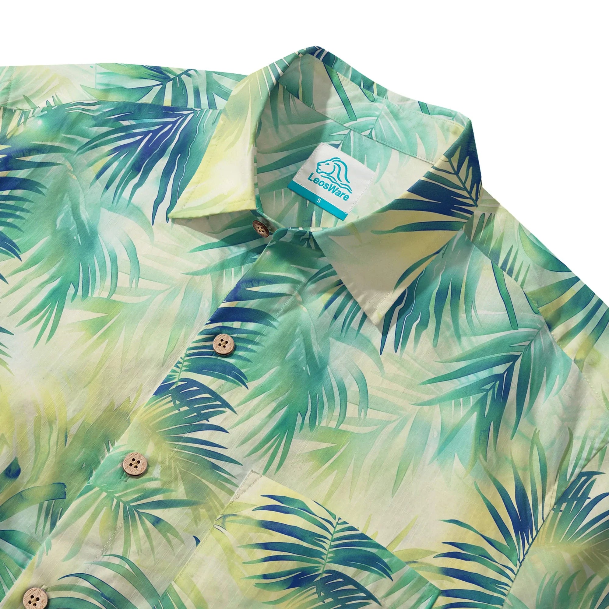 LeosWare® Plant Men's Hawaiian Shirt Short Sleeve Button-up 100% Cotton Green Aloha Coconut Breeze - Summer Delight