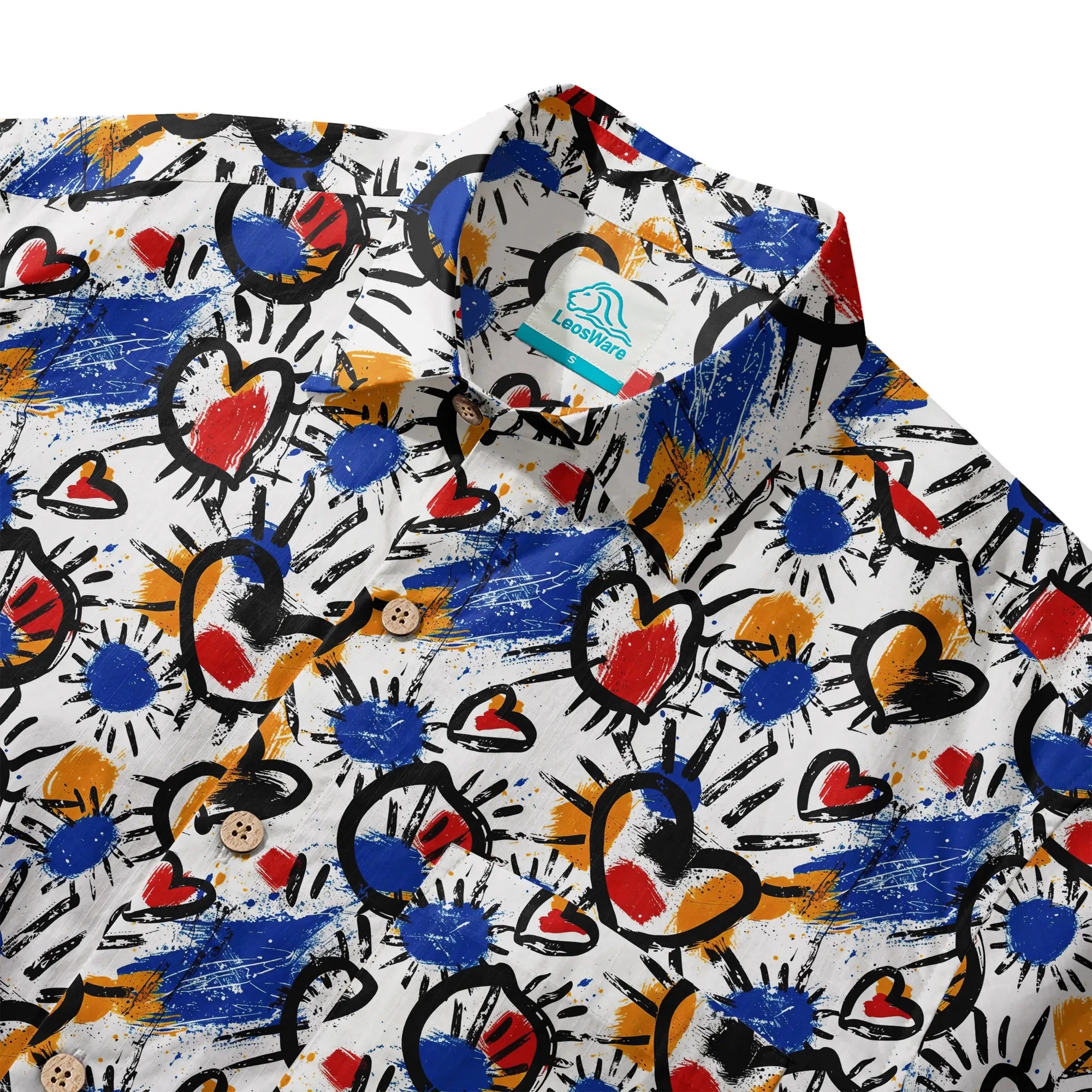 LeosWare® Men's Hawaiian Shirt Short Sleeve Button-up 100% Cotton White Aloha Color Clash Heart Mango