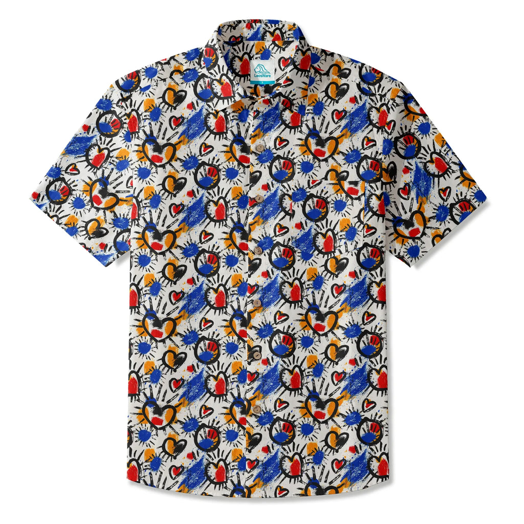 LeosWare® Men's Hawaiian Shirt Short Sleeve Button-up 100% Cotton White Aloha Color Clash Heart Mango