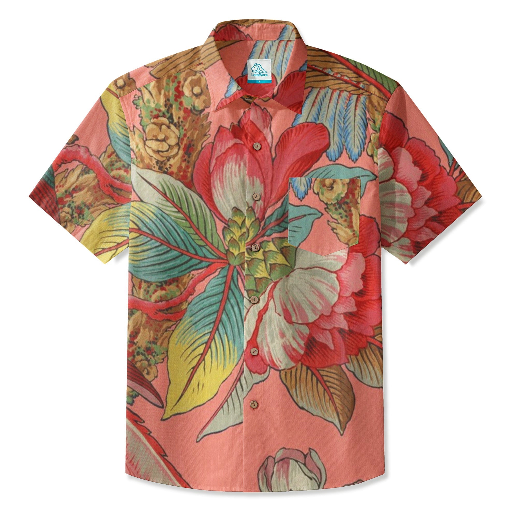 LeosWare® Men's Hawaiian Shirt Short Sleeve Button-up 95% Polyester, 5% Spandex Aloha Desert Bloom