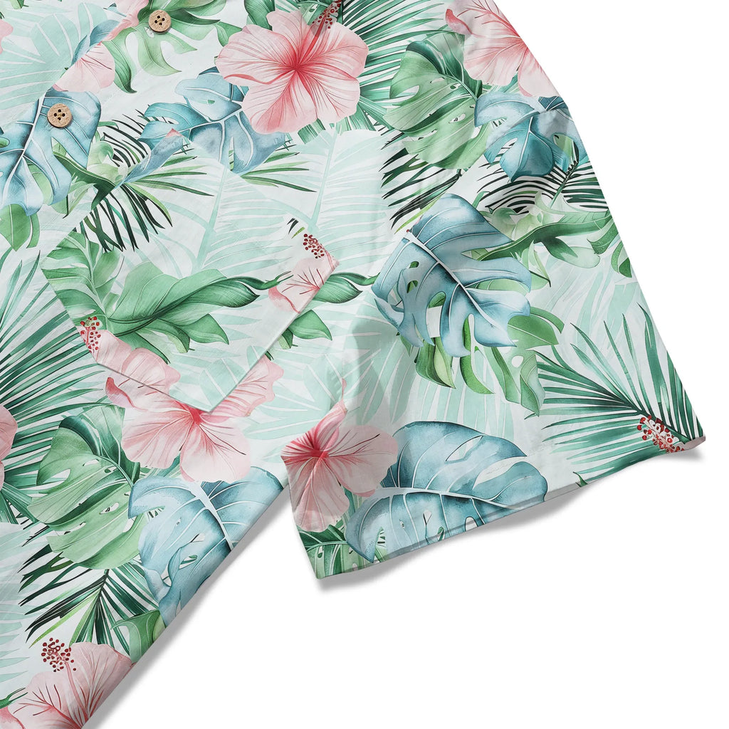 LeosWare® Men's Hawaiian Shirt Short Sleeve Button-up 100% Cotton Green Aloha Powdered Hibiscus Grove