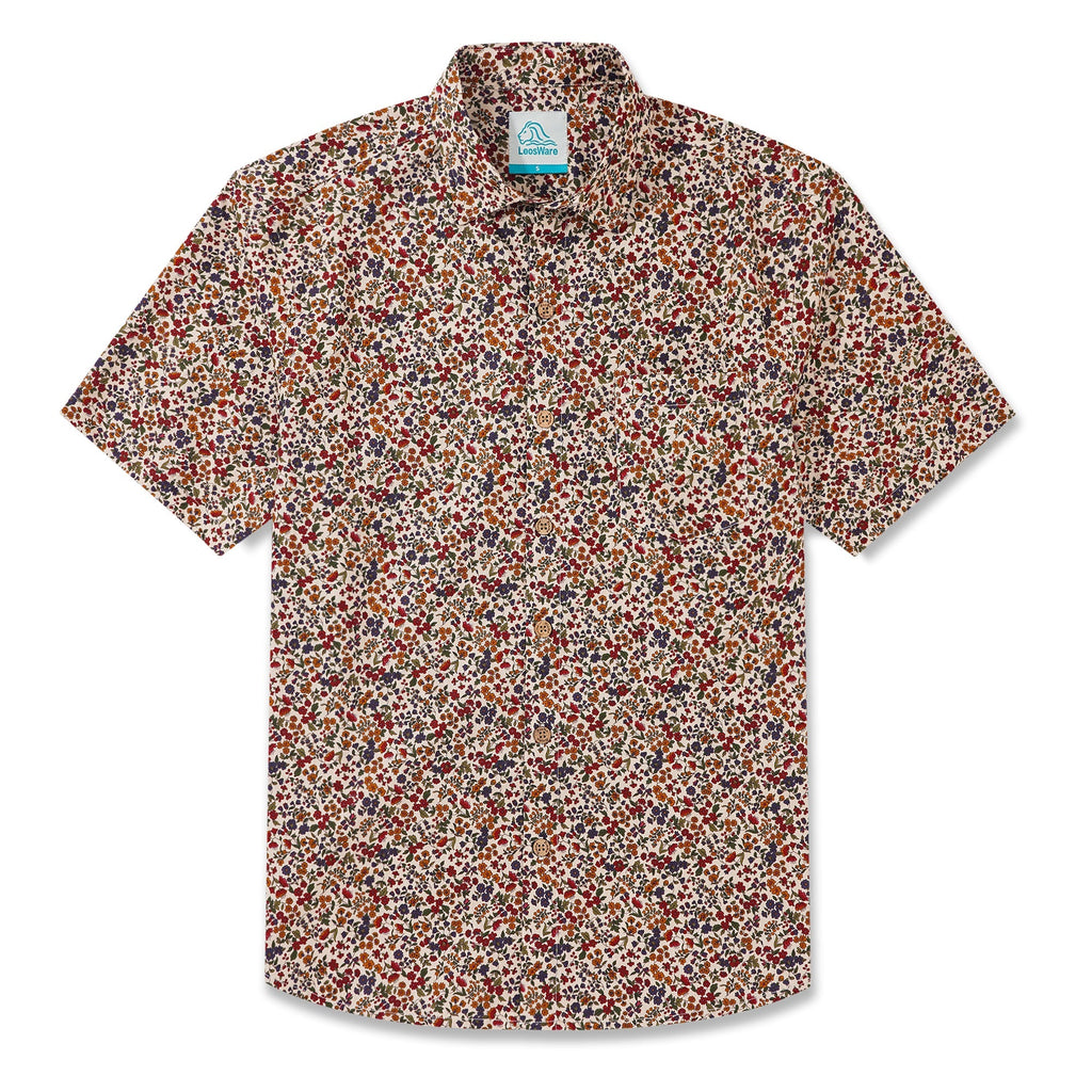 LeosWare® Men's Hawaiian Shirt Short Sleeve Button-up 100% Cotton Red Aloha Colorful Countryside Small Floral Pattern Painting
