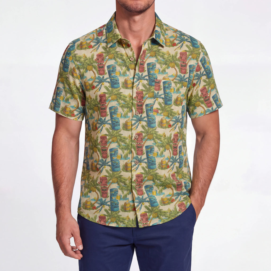 LeosWare® Men's Hawaiian Shirt Short Sleeve Button-up 100% Cotton Green Aloha Tiki's Coconut Island Carnival