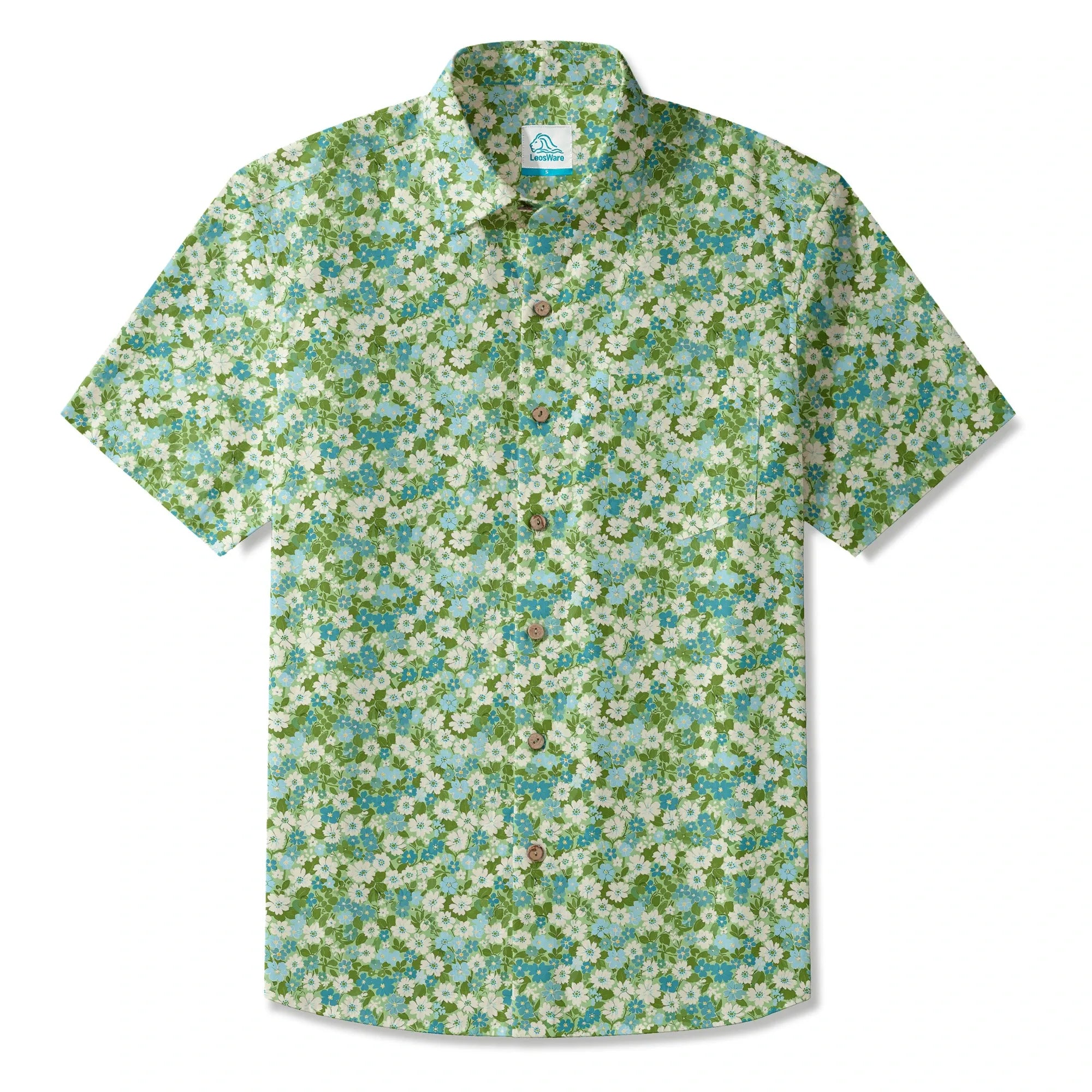 LeosWare® Flower Men's Hawaiian Shirt Short Sleeve Button-up 100% Cotton Green Aloha Fresh Blooms