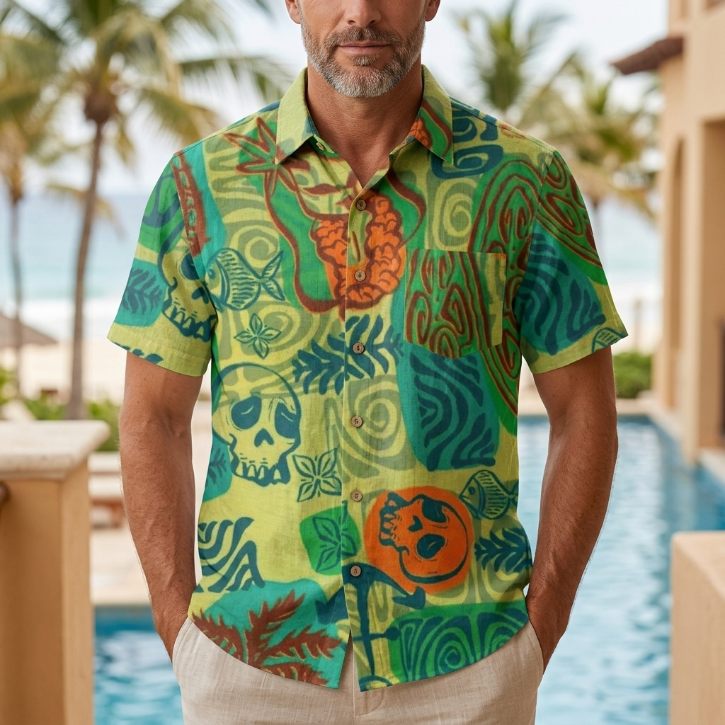 LeosWare® Men's Hawaiian Shirt Short Sleeve Button-up Breathable & Quick-Dry Aloha Skull Tiki